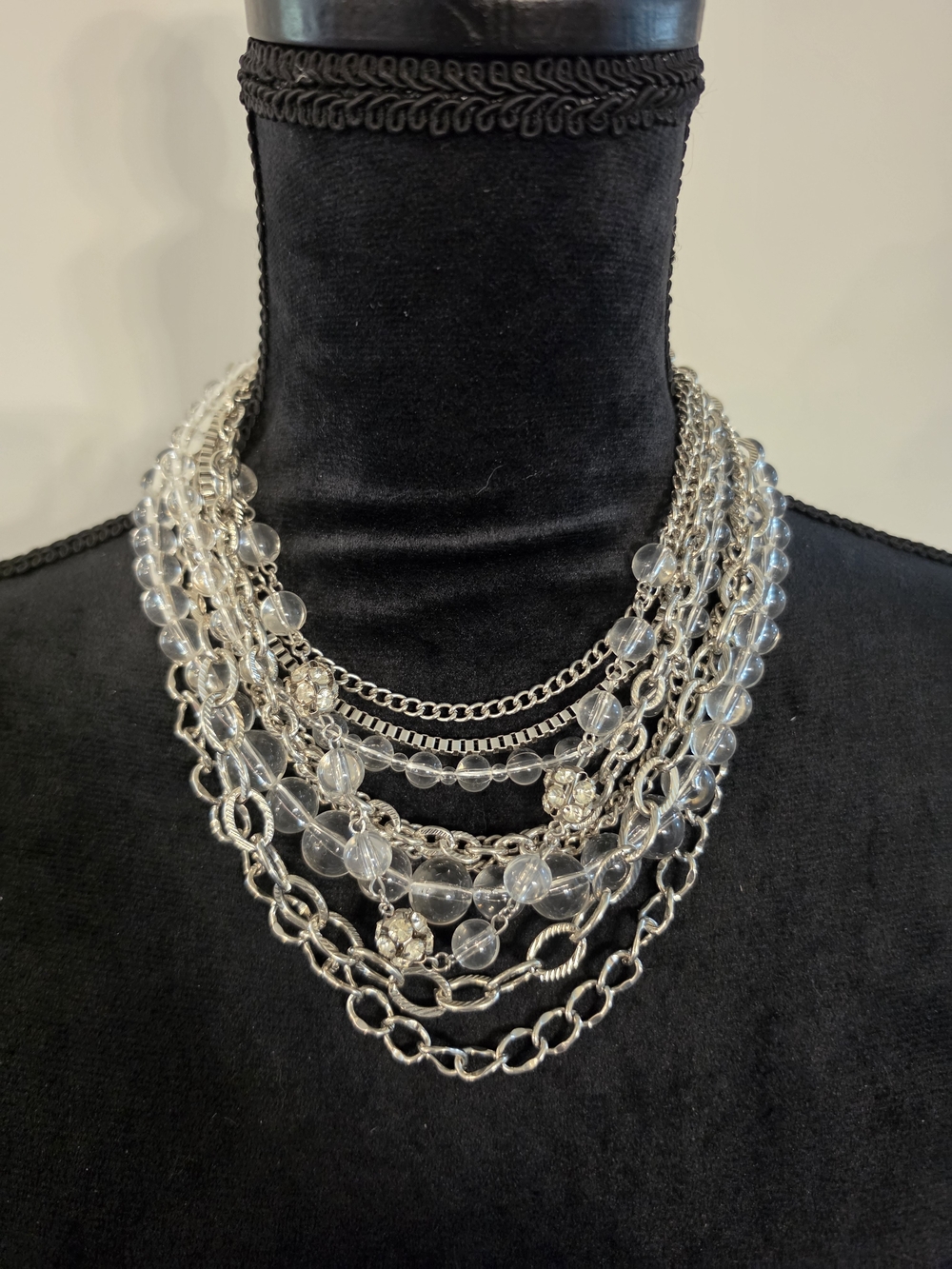 Multi-Strand Clear Bead and Silver Chain Statement Necklace